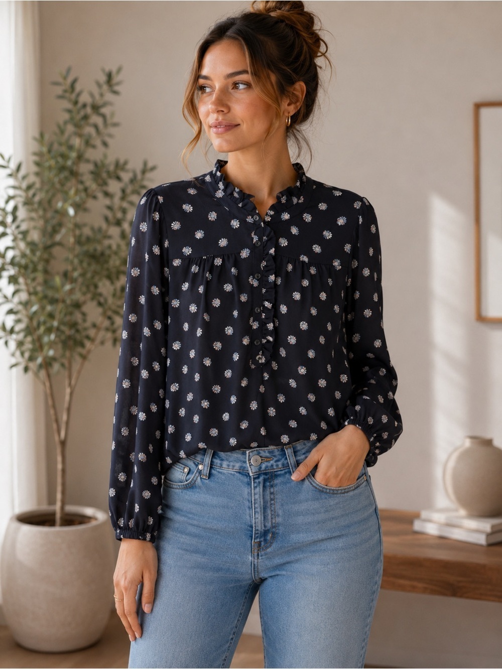 Floral Black Ruffle Feminine Blouse Size S Lightweight Cottagecore Flowy Work